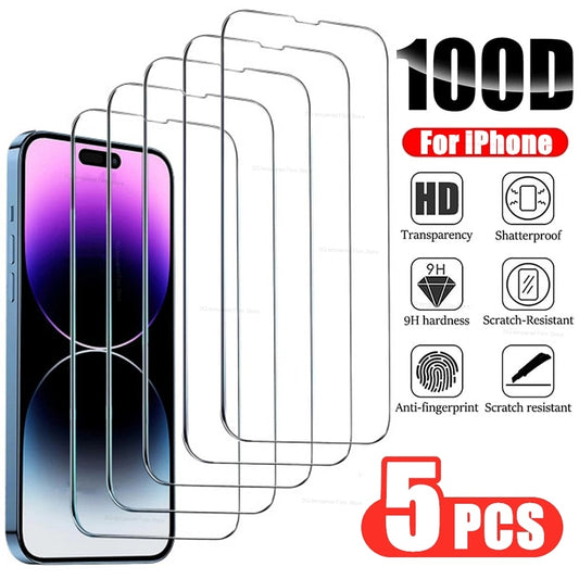 5pcs Tempered Glass For Iphone 14 13 12 11 Pro Max Screen Protector