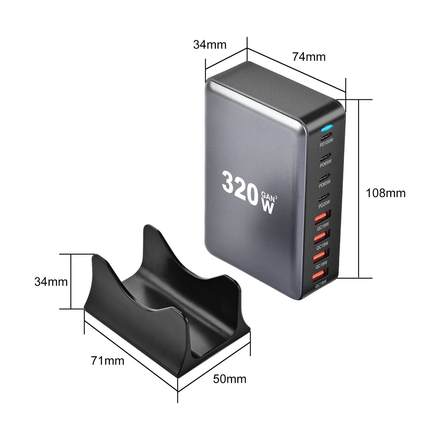 320W GaN Charger USB C Fast Desktop 8-port USB Type C PD Charger Fast