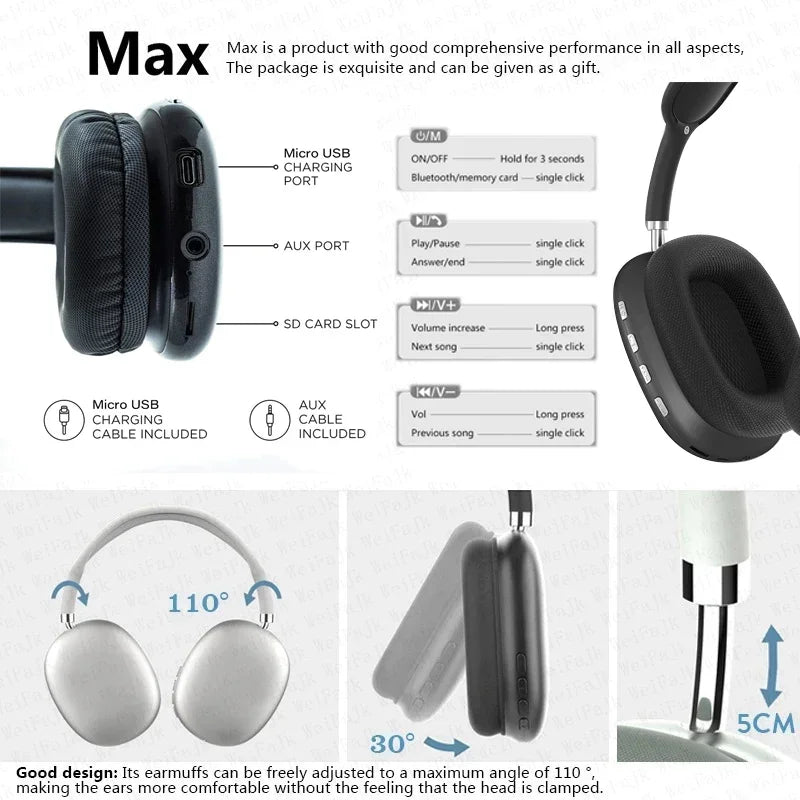 P9 Wireless Bluetooth Headphones With Mic Noise Cancelling Headsets