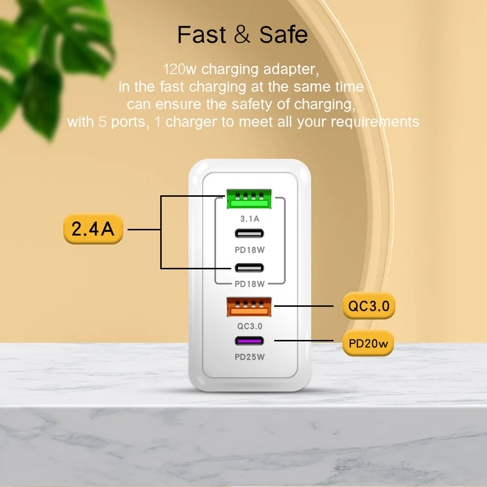 5 Ports USB C PD Charger Fast Charging PD Quick Charge 3.0 USB C Phone