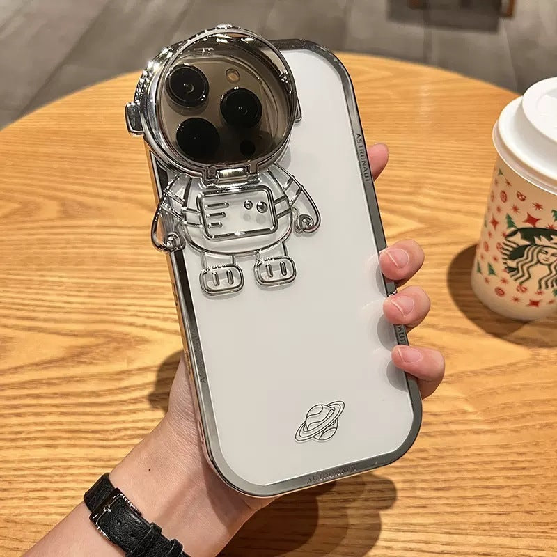 Glitter Astronaut Camera Stand Phone Case For I14 13 12 11 Pro Max XR 14 Plus Invisible Lens Bracket Plating Soft Cover